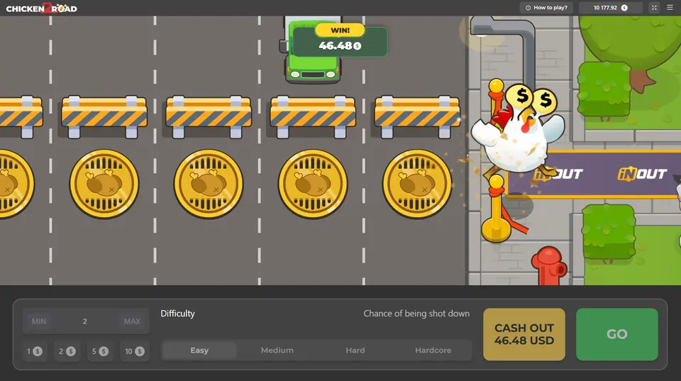 Chicken Road 2, la gallina arriva sul marciapiede dopo le barriere e il pannello mostra Cash out